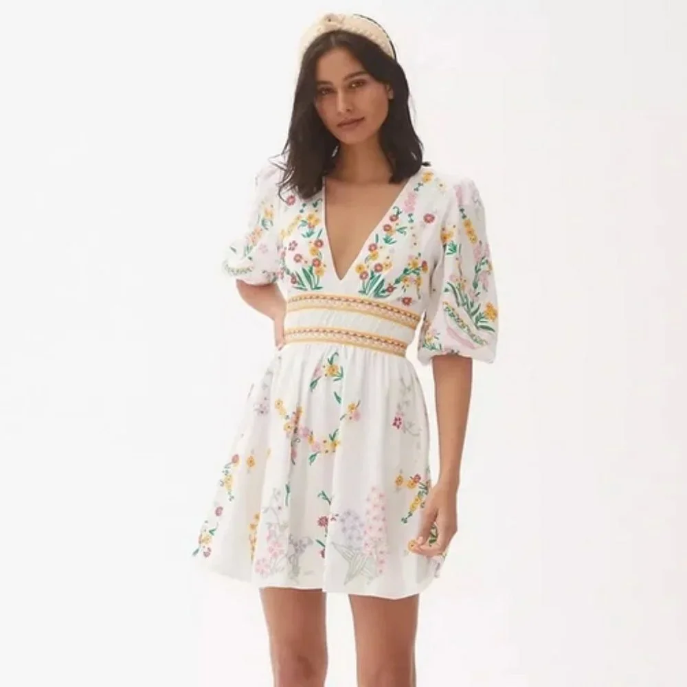 Anthropologie Deep-V Floral Embroidered Mini Dress Size 2XL White - Picture 8 of 13